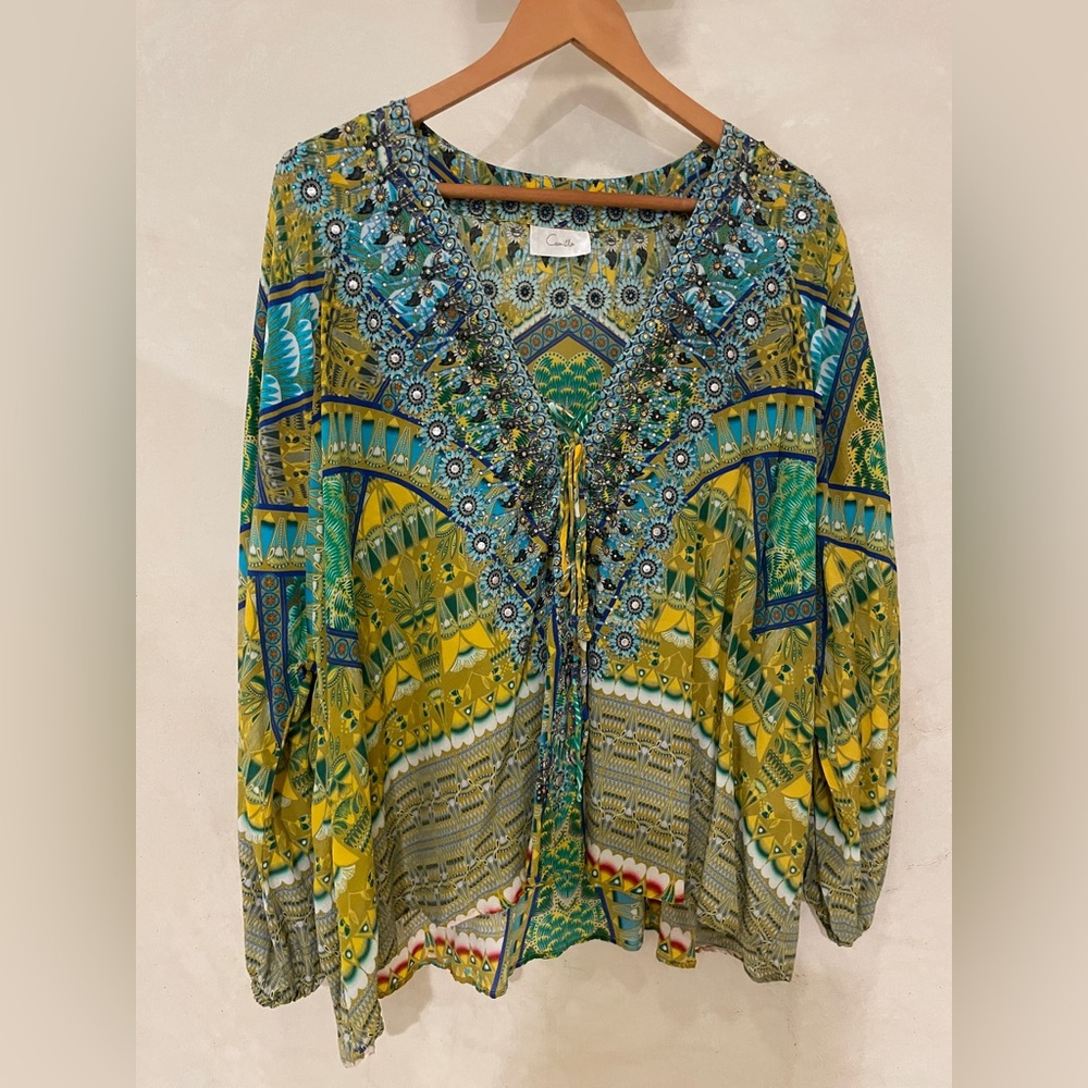 Camilla Franks, Lace Up Long Sleeve Top, Sun Stone, 100% Silk, Size L